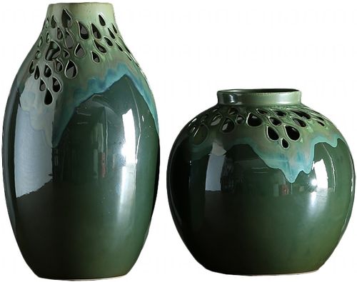 绿色镂空花瓶摆件 陶瓷艺术品客厅创意插花器美式家居装饰大花瓶